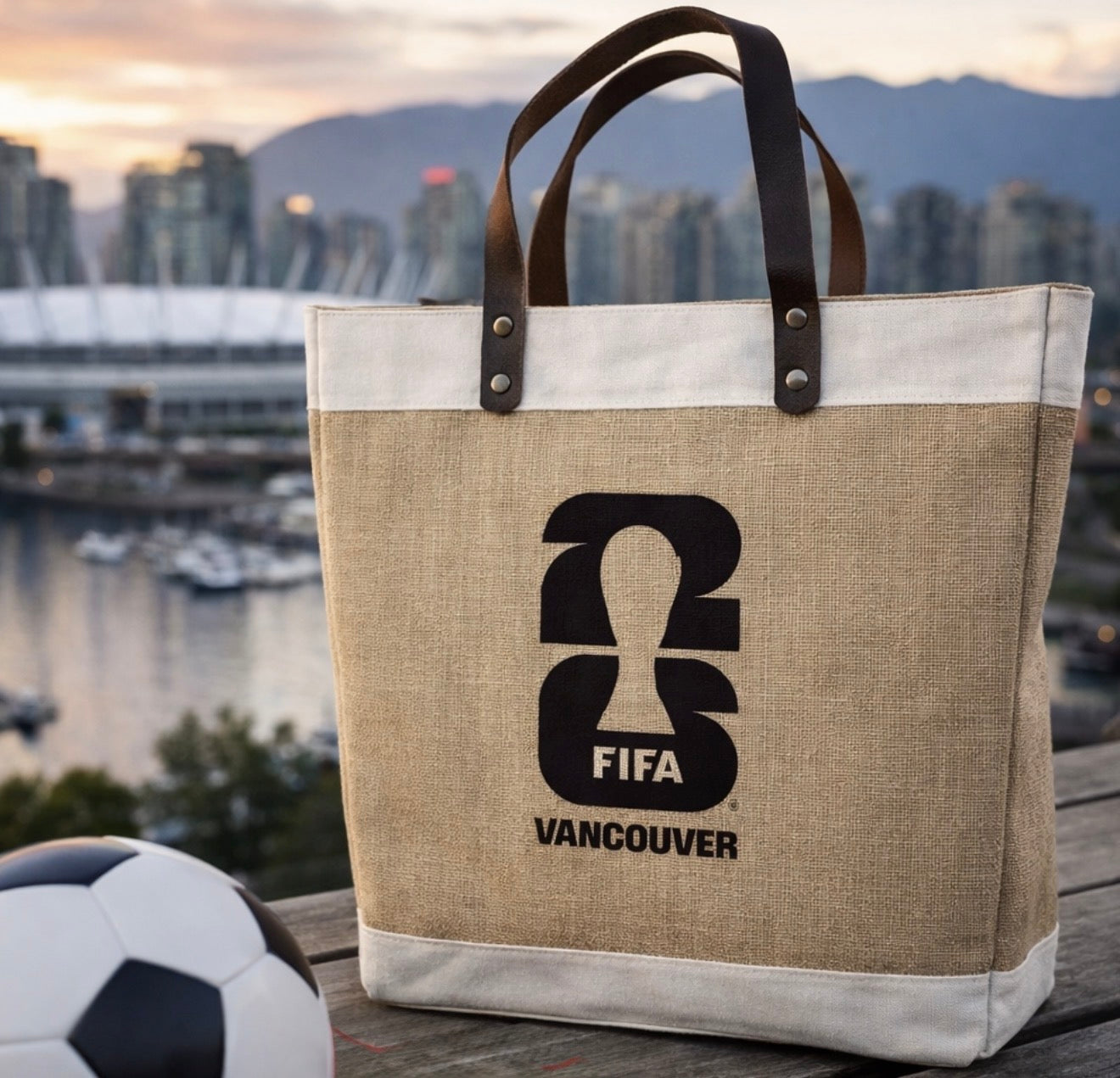 FIFA World Cup 2026 Vancouver tote bag with leather handles, reusable market bag designed in Vancouver
