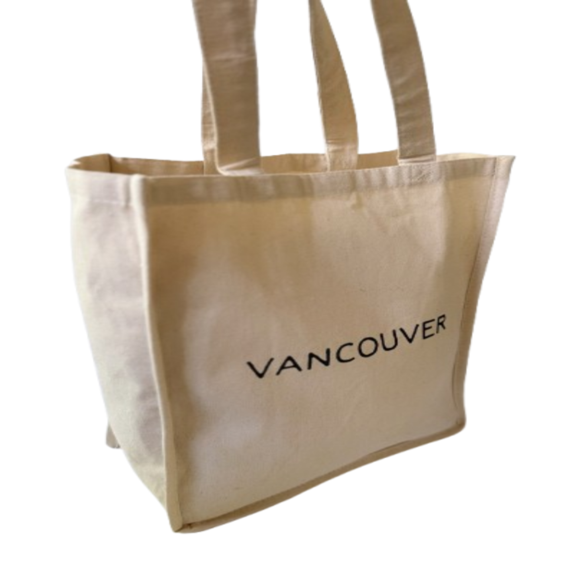 Beige tote bag with 'Vancouver' printed on it against a white background